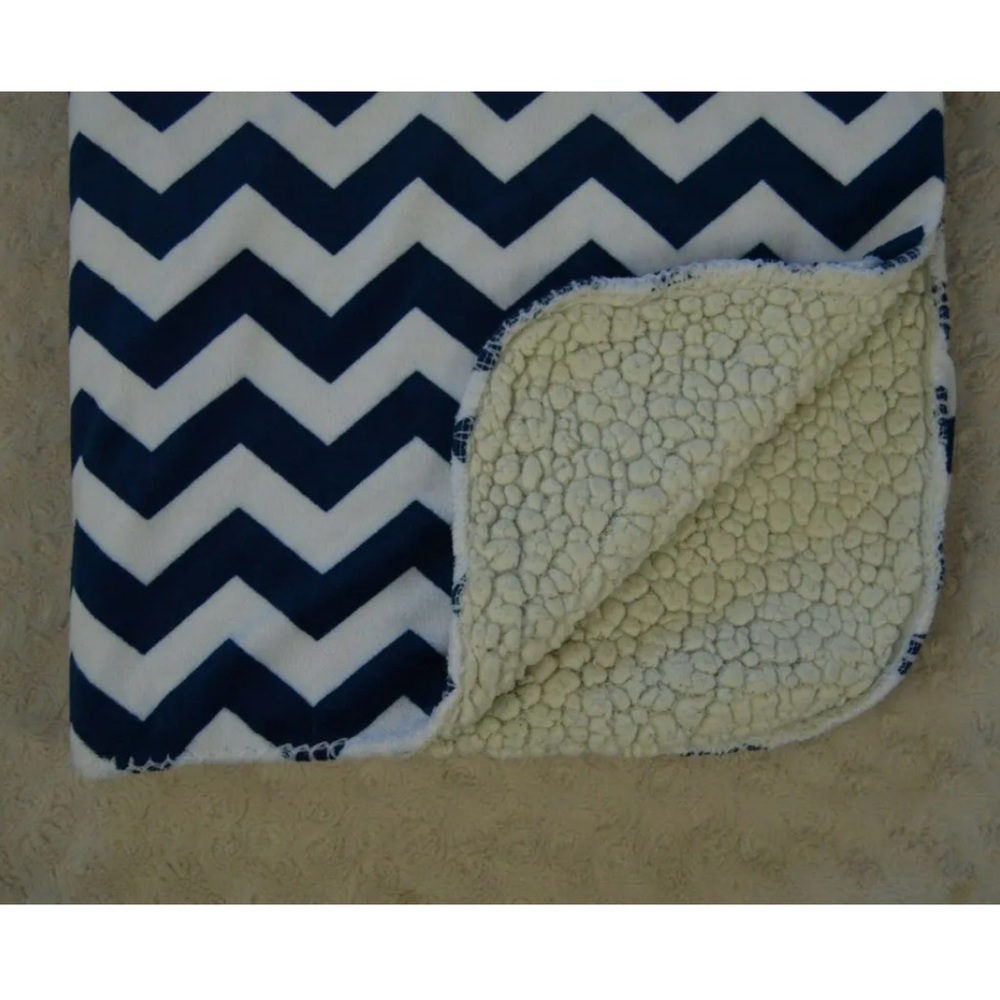 Little Journey Chevron Baby Blanket Navy Blue White Cream Sherpa Lovey Zig Zag